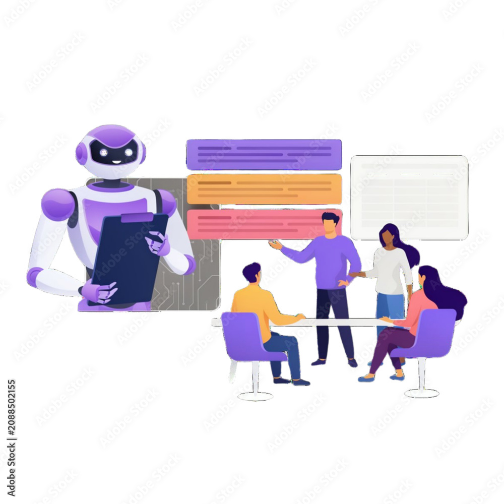 Fototapeta premium Artificial intelligence business assistant management and executive team meeting concept, flat vector illustration on clean white background