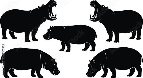 Foto Black hippopotamus silhouettes, angry hippo icons, yawning river animal shapes, wild african beast symbols, isolated mammal mascots, powerful wildlife figures