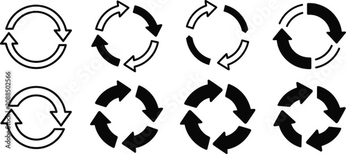 Fotografie Black refresh icons, circular arrow symbols, repeat signs, reload collection, loop graphics, replay elements, update indicators, motion direction, isolated interface