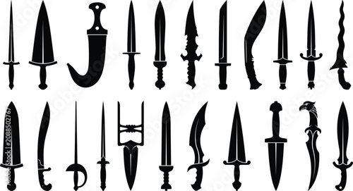 Fotografía Dagger and knife silhouettes featuring ancient blades swords and tactical weapon