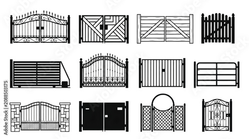 Fotografie Black Gate Silhouette Vector Icon Set Featuring Classic Wrought Iron Modern Meta