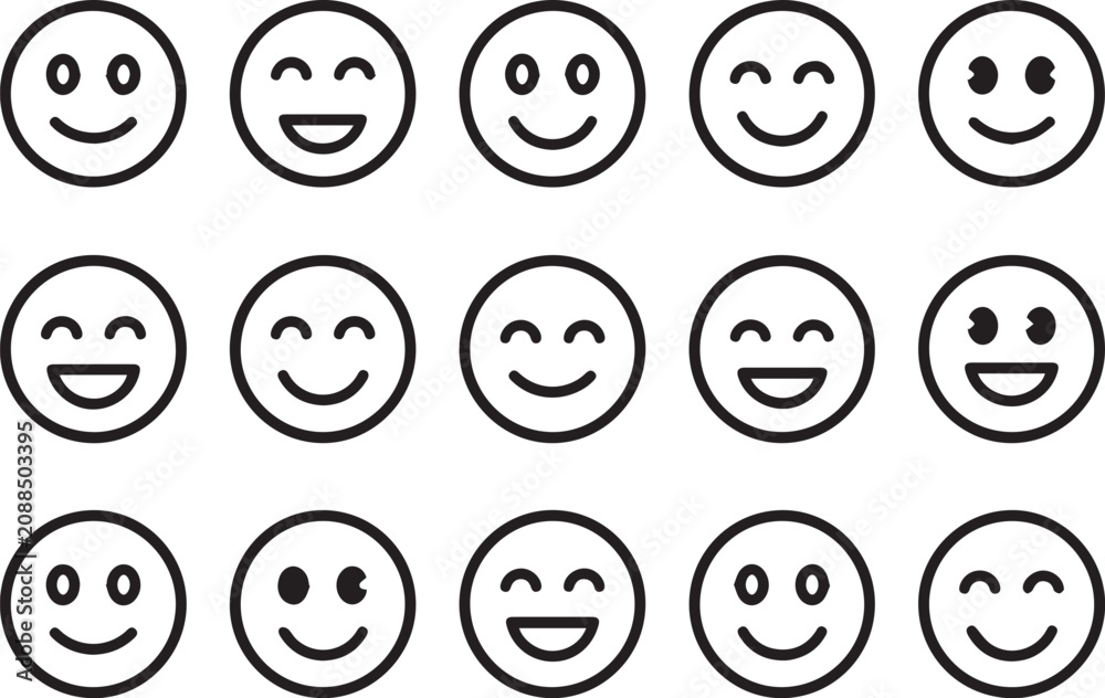 Fototapeta premium Smiley Face Line Icon Set Vector Happy Emoji Emoticon Outline Circle Cartoon Expression Symbol Collection Bundle Style