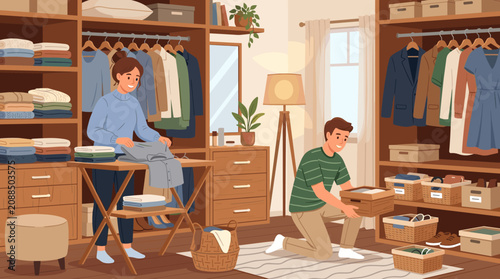 A happy young couple organizing clothes in a walk-in closet, folding laundry and tidying up. Modern interior, organized storage, lifestyle illustration, cozy home, clean space.