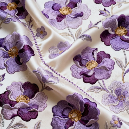 Luxurious white fabric showcasing detailed purple and lavender floral embroidery with golden centers, featuring a refined stitched seam.