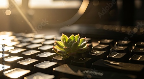 Small succulent on computer keyboard desk.