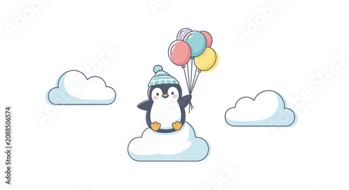 Cute penguin sitting on cloud holding colorful balloons
