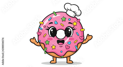 Cute pink donut chef character mascot with colorful sprinkles
