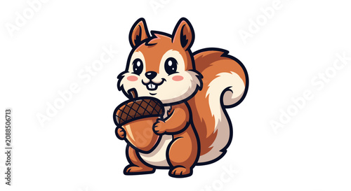 Cute cartoon squirrel mascot holding an acorn on white background