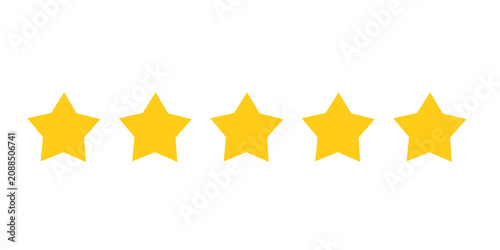 Five yellow star icons in a row on transparent background.