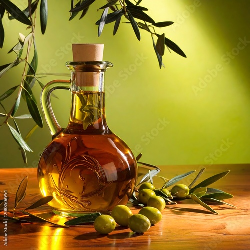 Golden Olive Oil Bottle with Fresh Green Olives on Rustic Wooden Table