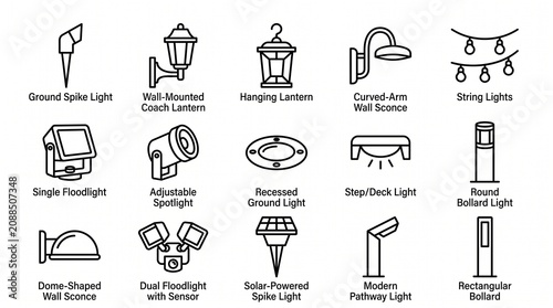 Cuadro en lienzo Outdoor Lighting Fixture Icons — Minimal Vector Line Art Collection