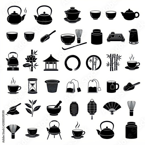 Asian tea ceremony icons collection on white background