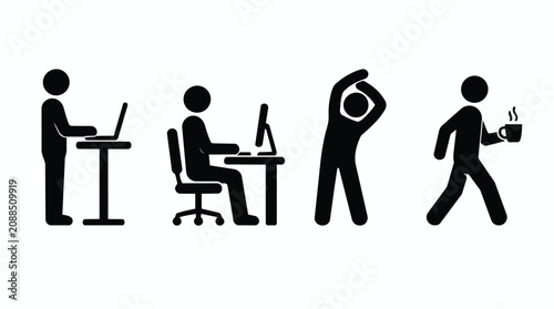 Office routine, productivity and ergonomics for workplace wellness with health and break time. Employee, professional and corporate habits with laptop, coffee and desk for efficient work success.
