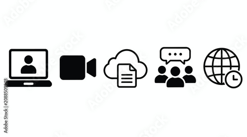 Remote work icons for online meeting, video conference and cloud storage for digital business. Team collaboration, messaging and global networking with laptop, camera and file sharing for website.