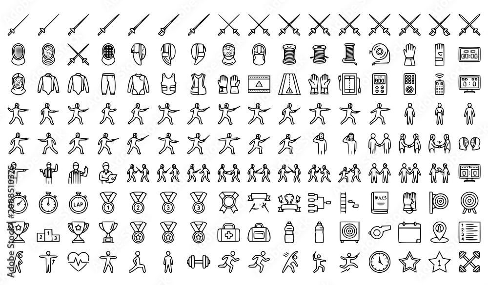 Fototapeta premium Professional Fencing Sport Mega Thin Line Icon Set for Olympic and Training Applications Vector Illustration