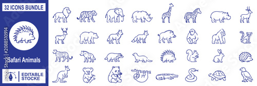 Photography 32 Safari Animals Icons Bundle, Line Art Wild Animals Vector Illustration Set