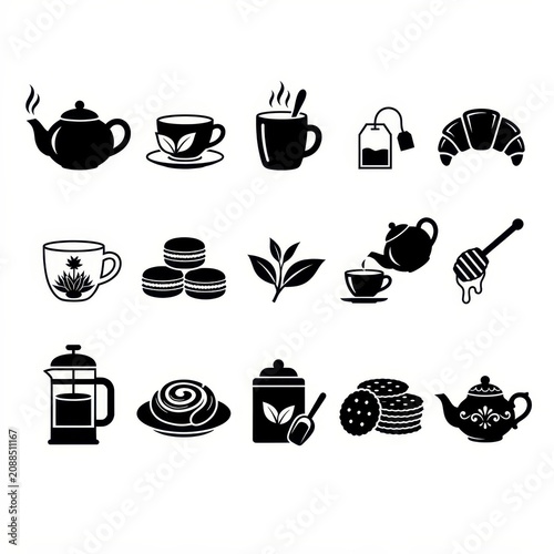 Breakfast and tea time icons on transparent background