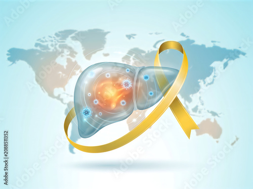 Liver with virus cells and gold ribbon on world map background for health awareness campaign