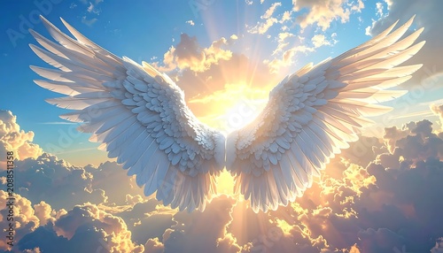 Majestic White Angel Wings Spread in Glowing Sunset Sky Above Clouds
