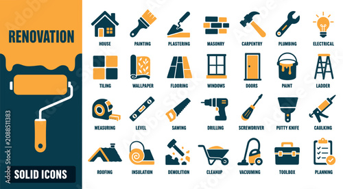 Home renovation solid icons set representing various construction and remodeling services including painting plastering masonry carpentry plumbing electrical tiling and flooring