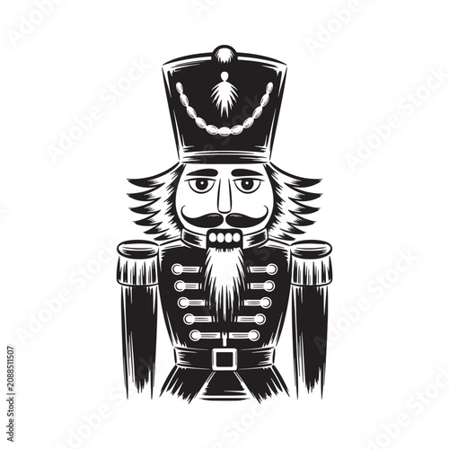 Nutcracker soldier silhouette against a white background detailed engraving style