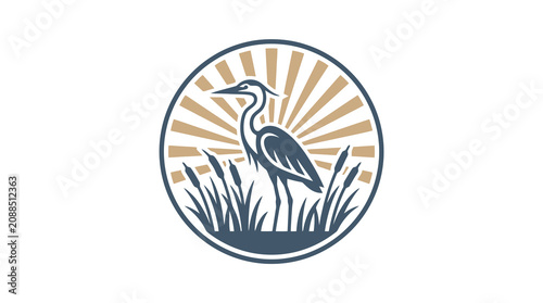 Bild auf Leinwand Minimalist of a Blue Grey Heron Standing in Tall Grass with Sunburst in a Circul