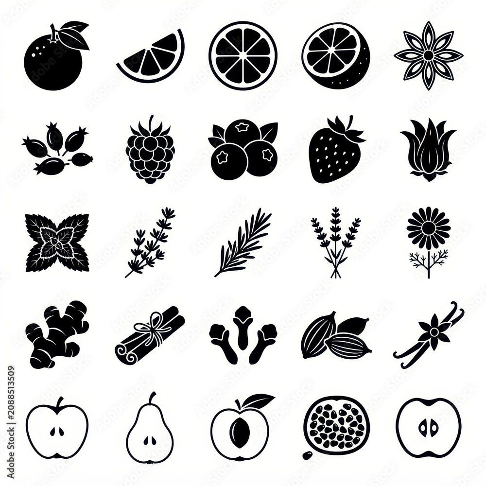 Fototapeta premium Fruit herb and spice silhouette icons set
