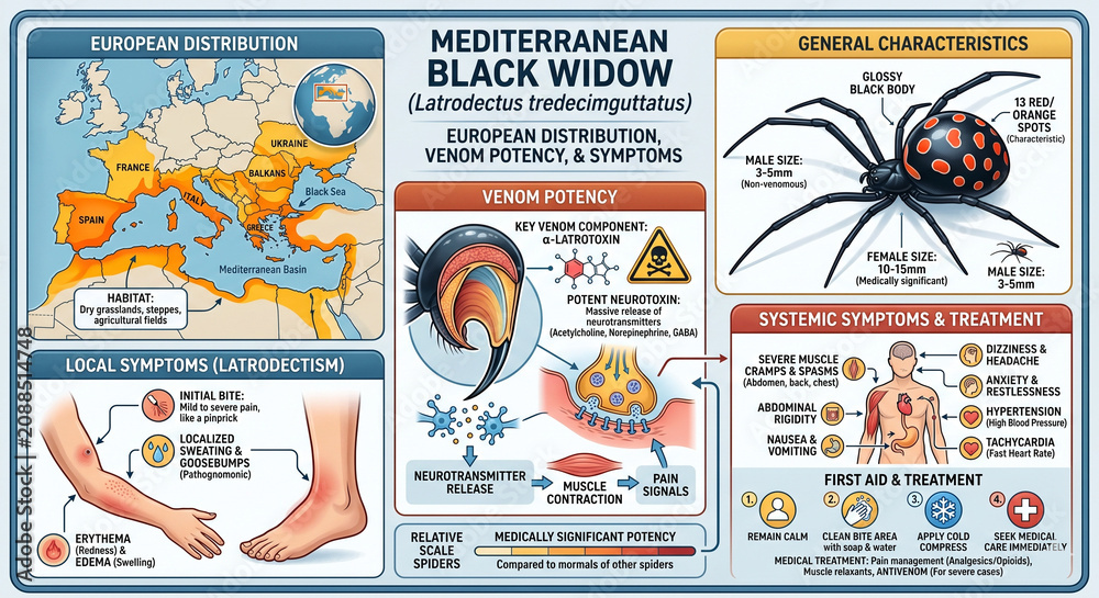 Naklejka premium Mediterranean black widow spider information on distribution, venom, and symptoms