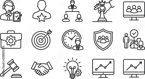 Corporate business management strategic leadership human resources and team growth performance linear icons set