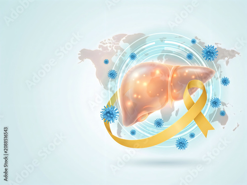 Liver with yellow ribbon and blue virus particles on world map background for liver disease awareness