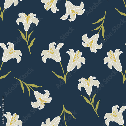 Elegant White Lily Seamless Pattern with Blooming Flowers on Dark Blue Background for Fabric, Wallpaper, Textile Print and Wrapping Paper.