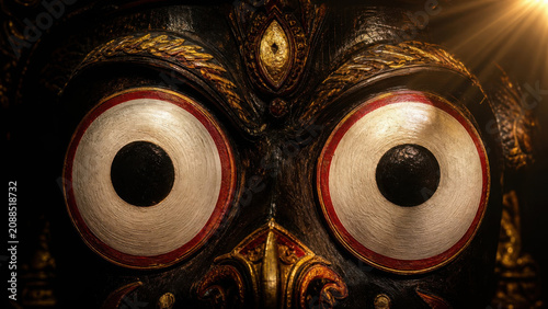 Close up of lord jagannath wooden deity face with large round eyes and golden generated using ai