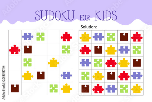 Colorful sudoku puzzle game for kids, educational logic worksheet for children featuring bright jigsaw puzzle pieces inside grid for brain development, learning, and creative thinking