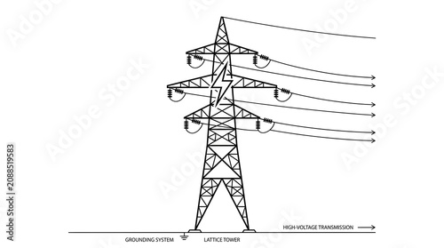 Powerful steel lattice tower infrastructure supporting aerial electrical lines for widespread energy distribution across landscapes under a clear sky conveying electric power through voltage