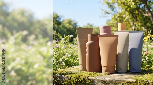 Skincare and cosmetic tubes and bottles on mossy wood outdoors