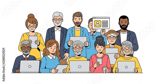 Diverse Group of People Working on Laptops and Digital Devices in a Collaborative Office Environment
