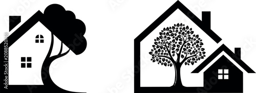 Eco friendly home and real estate logo design elements combining houses and trees representing sustainable property development isolated on white