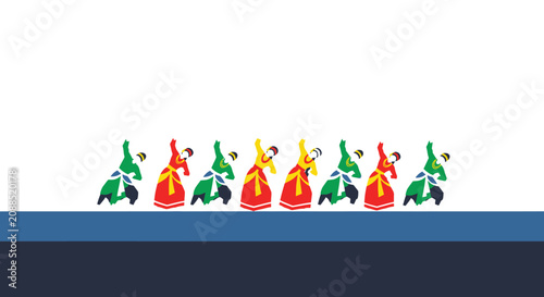 Diverse dancers in traditional costumes perform a synchronized cultural dance