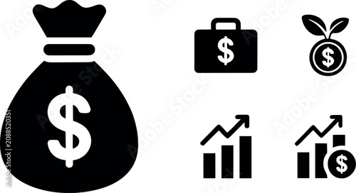 Financial investment set with money bag dollar briefcase growing plant coin and upward business chart graphics