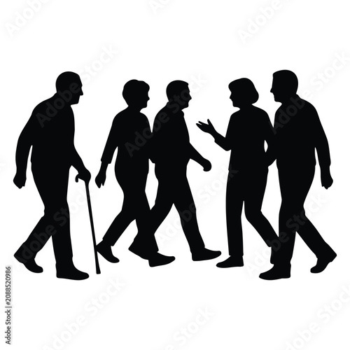 Elderly group walking outdoors together silhouette of senior citizens social active lifestyle.