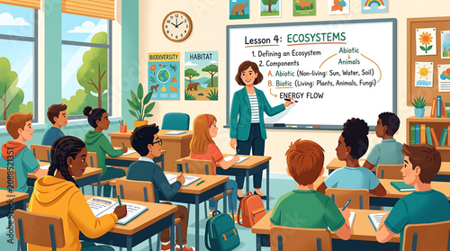 Teacher teaching ecosystem biology lesson to diverse primary students in a bright classroom environment