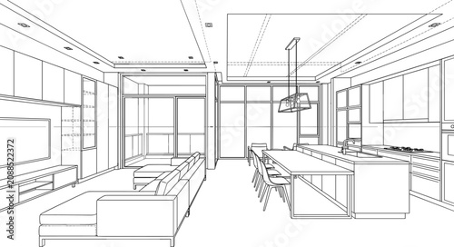 Professional architectural sketch of a modern open plan living room and kitchen interior design