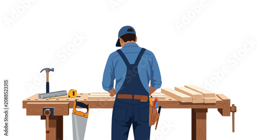 A carpenter or handyman working at a wooden workbench with various tools and lumber, viewed from behind on a white background.
