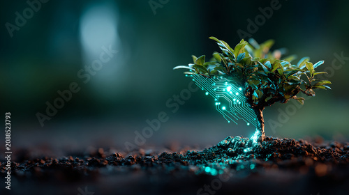 Small glowing tree with bioluminescent energy roots on dark forest floor ground, glowing plan