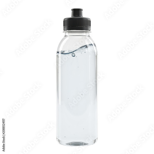 A clear plastic water bottle filled with water, featuring a black sports cap, isolated on a white background, for hydration and, fitness use