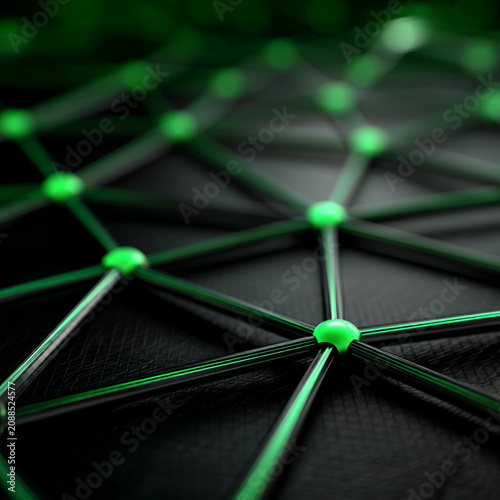 Abstract geometric network structure with glowing green connection nodes on dark background
