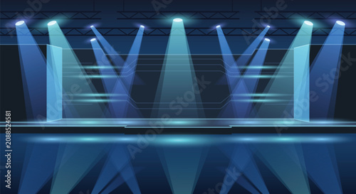 Foto Futuristic stage background with bright blue neon spotlights illuminating a dark studio