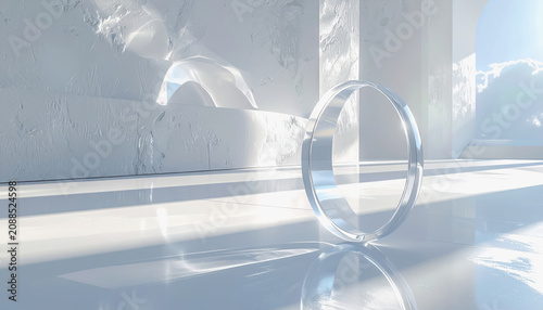 Minimalist white interior with glass ring and sunlight reflections