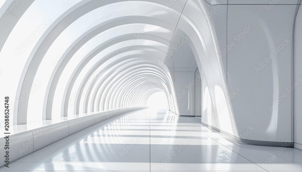 Fototapeta premium Modern Futuristic White Tunnel Architecture with Arched Ceiling and Reflective Floor