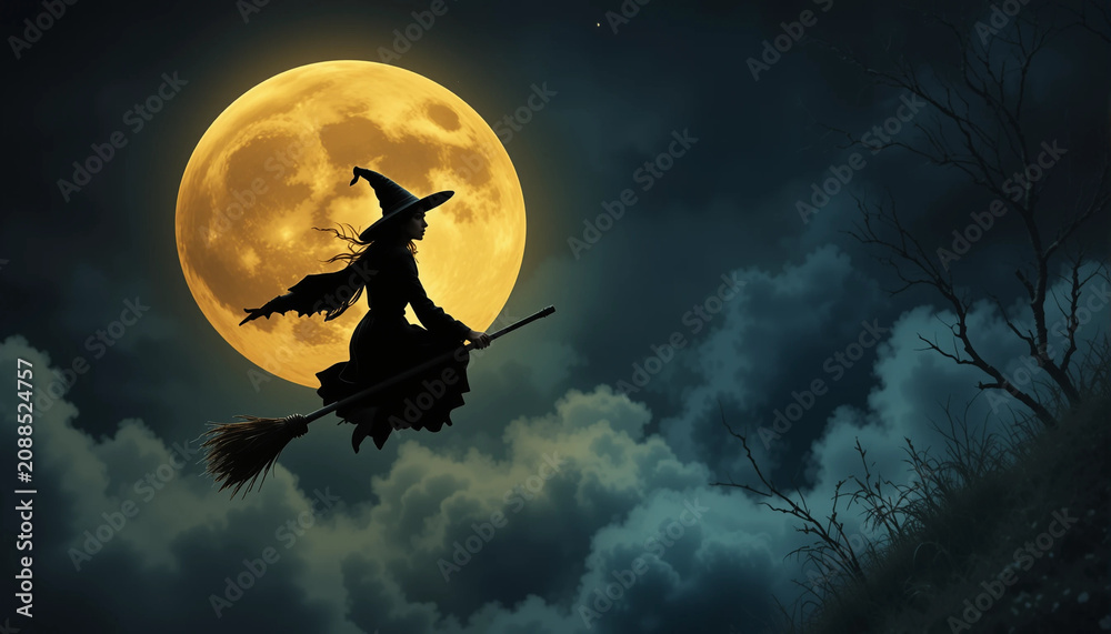 Fototapeta premium The silhouette of a witch glides through the night sky, framed by a luminous full moon and surrounded by flying bats.